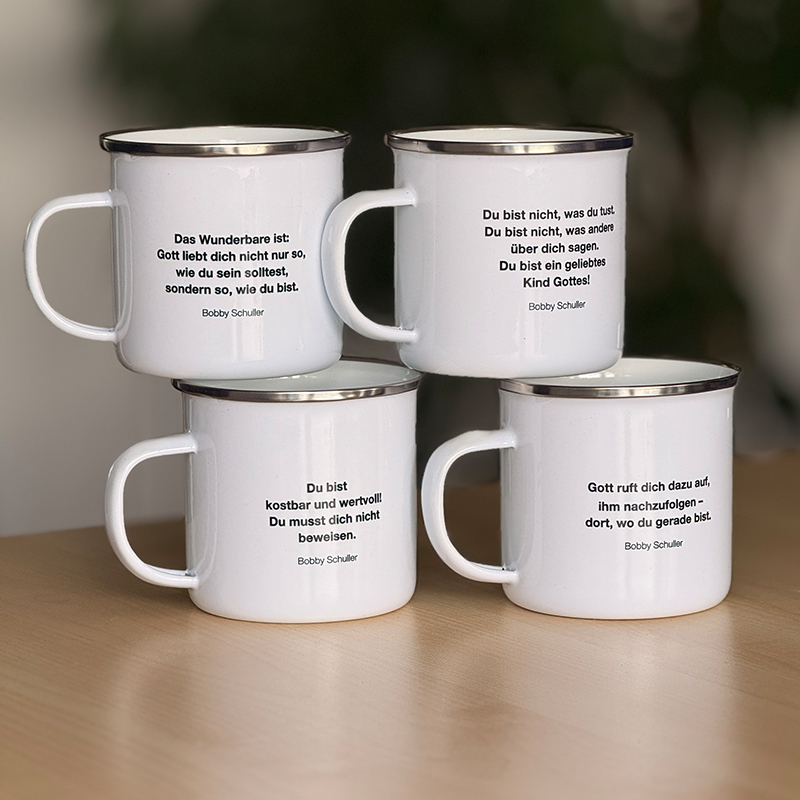 Emaille-Tassenset "Geliebt - Einmalig - Wertvoll - Berufen" (4 Tassen) – Bild 2
